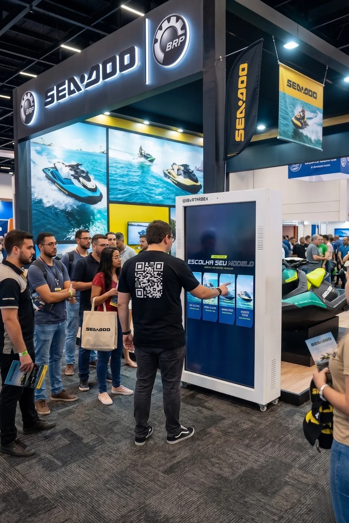 Visitantes aguardando a vez diante do totem em stand de feira